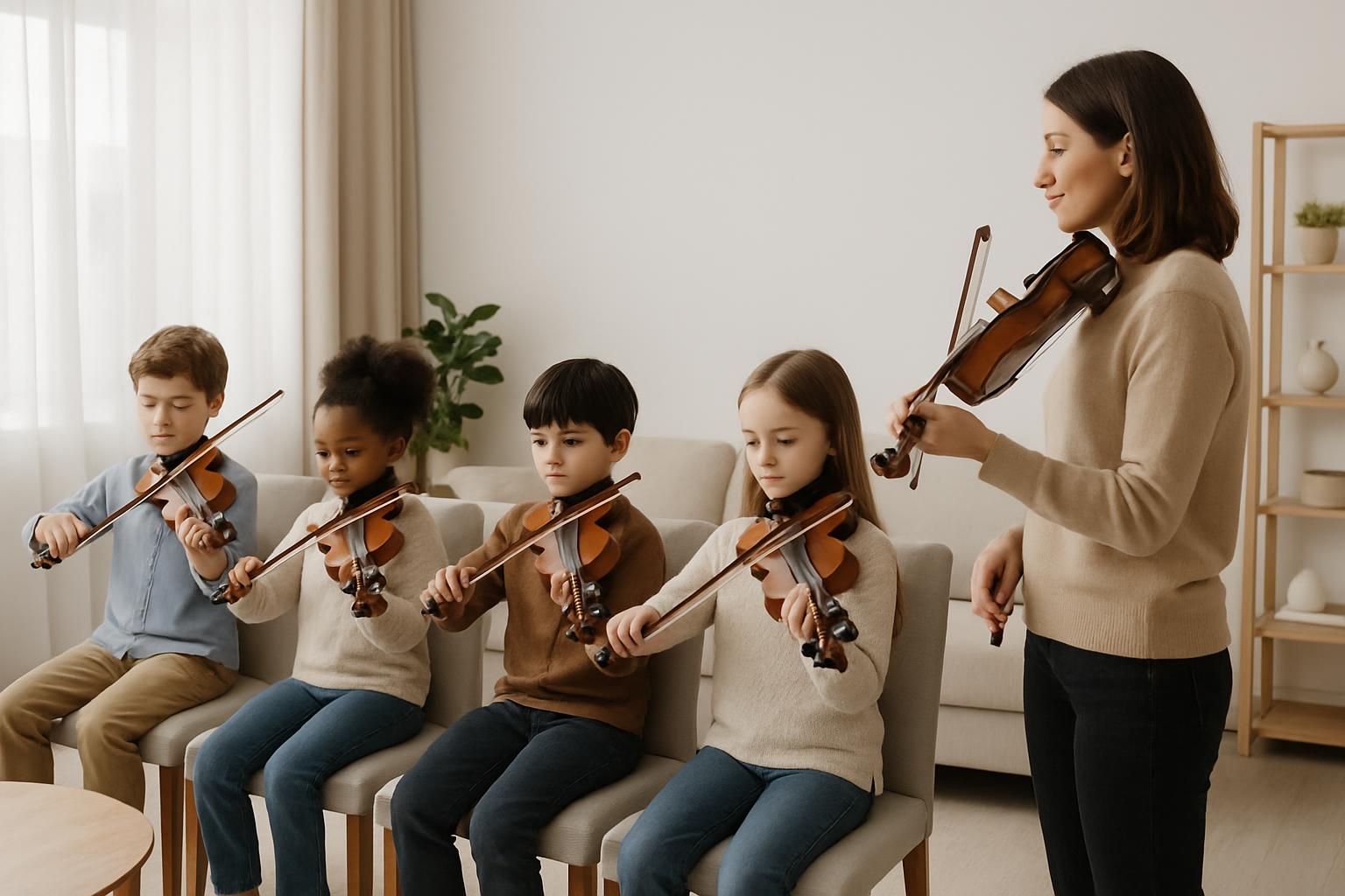 A woman teaches four children to play the violin in a minimalist living room. The woman, wearing a beige sweater and black...