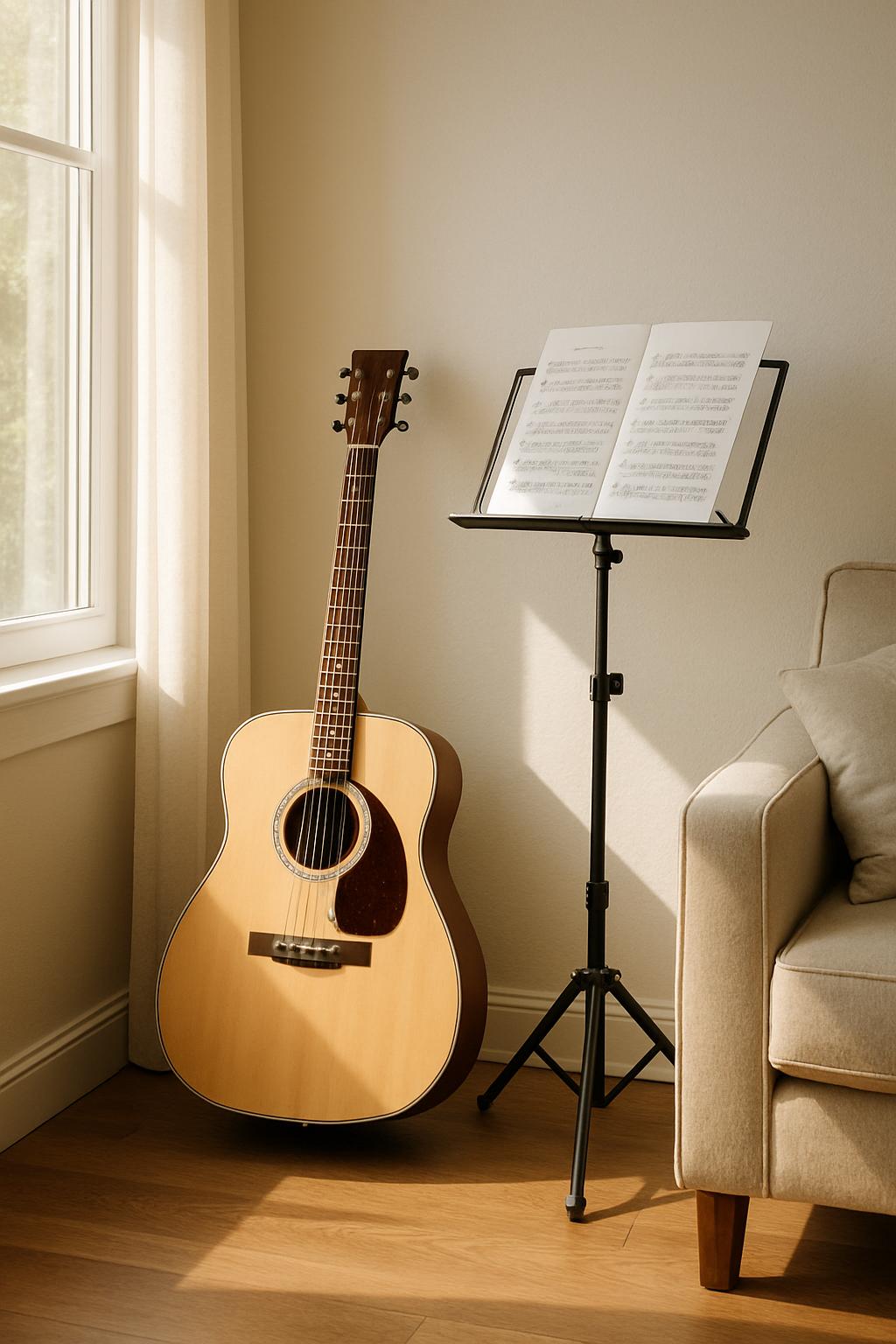 A light-colored acoustic guitar is leaning against a cream-colored wall by a window, with an open sheet stand featuring ad...